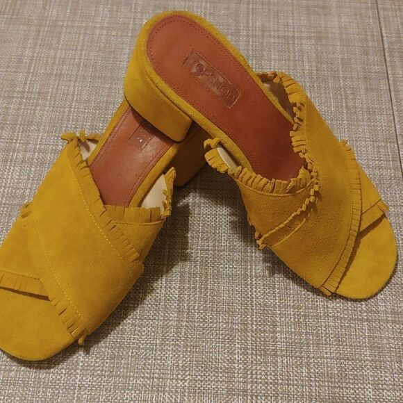 Topshop Mustard Yellow Suede Fringe Mule Heels size 38 - Picture 2 of 6